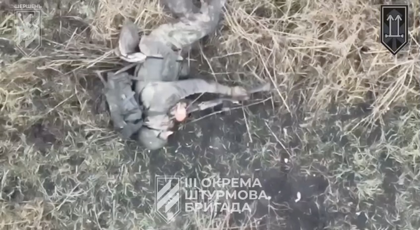 Russian is under drone drop attack, crawls to his AK he left nearby and shoots himself