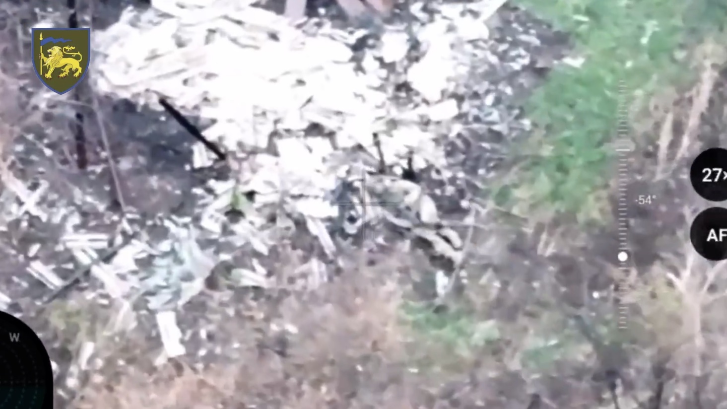 Russian is moving among ruins in the village under heavy fire. Eventually is down and chooses to shoot himself