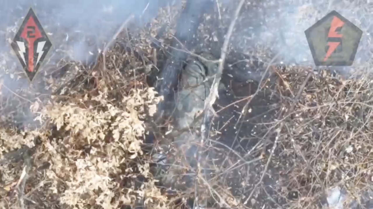 Russian is hiding from drone drops under fallen tree trunk, is seen to shoot himself
