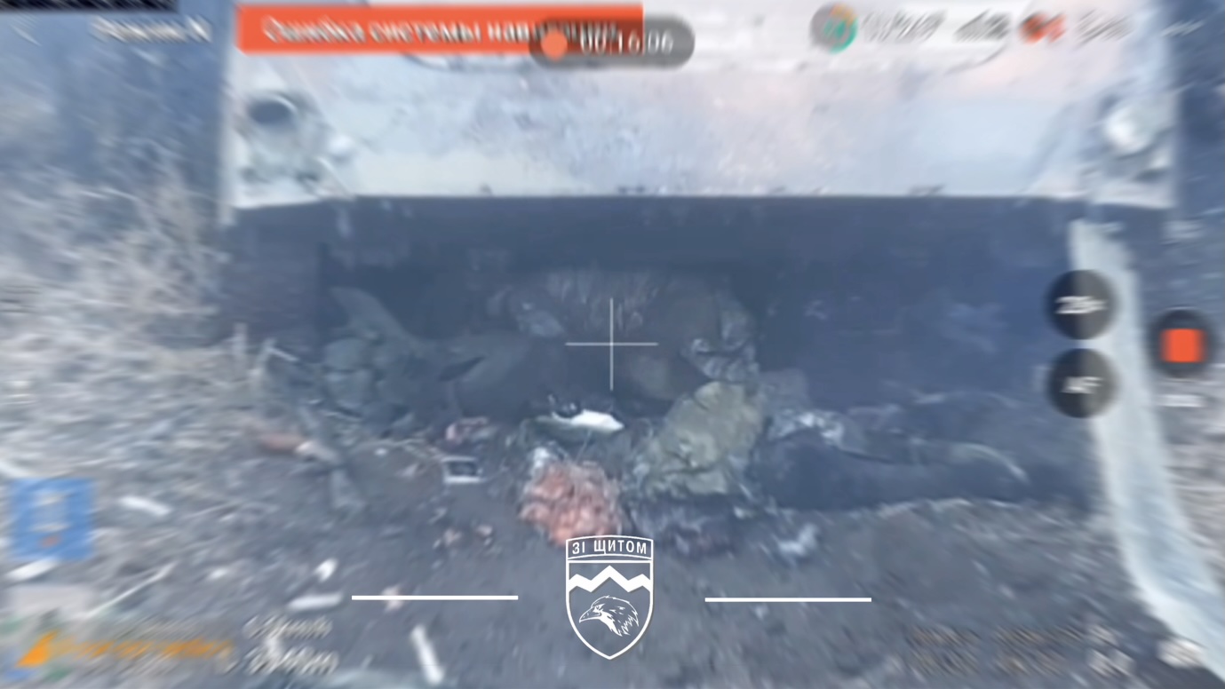 Injured Russian is taking cover in front of smoking BMP, proceeds with detonating grenade after some hesitation