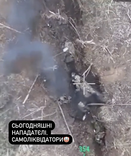 Russian hiding in a foxhole receives drone dropped grenade, immediately proceeds to shoot himself. It takes two attempts before he is hit by yet another drop