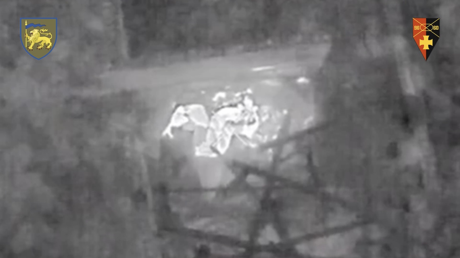 Thermal view of Russian soldier lying on the ground under drone drop attack. After first hit he proceeds with detonating grenade to his face