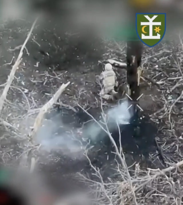 Group of Russians attempt assault on civilian car, eventually pull up and disperse in a treeline, seemingly overwhelmed by FPV drones. While some receive direct hit, one is later seen standing on his knees by the tree and shooting himself