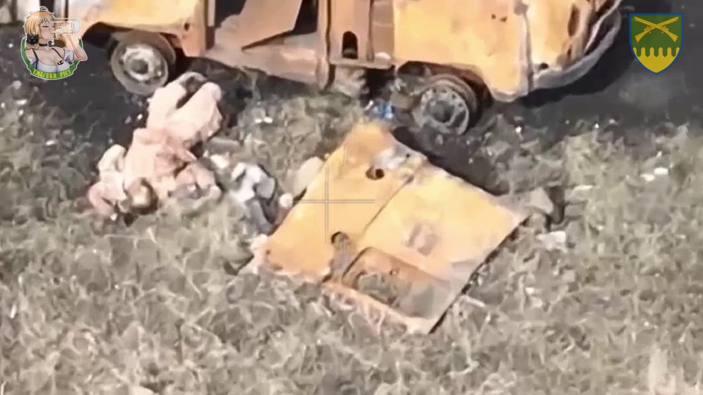 Russian is hiding near destroyed van under its door that fell off, is hit by FPV. He grabs his AK and shoots himself in the head