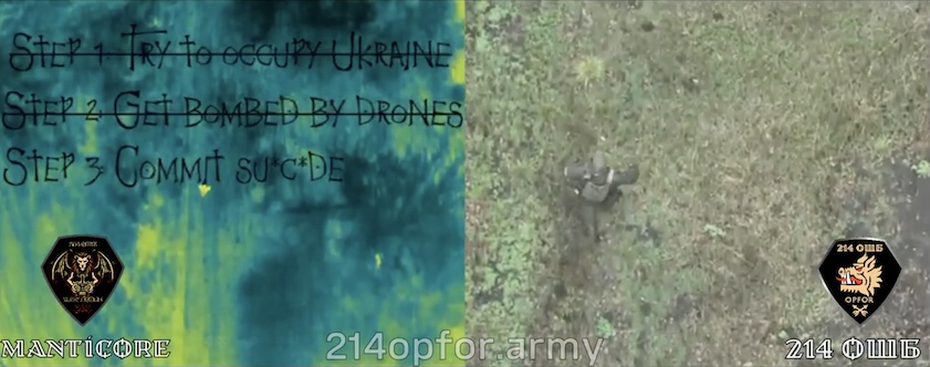 Russian is targeted by drone drops while hiding in a treeline, eventually walks out holding grenade in his hand, which detonates shortly. For some reason he keeps hands down all along