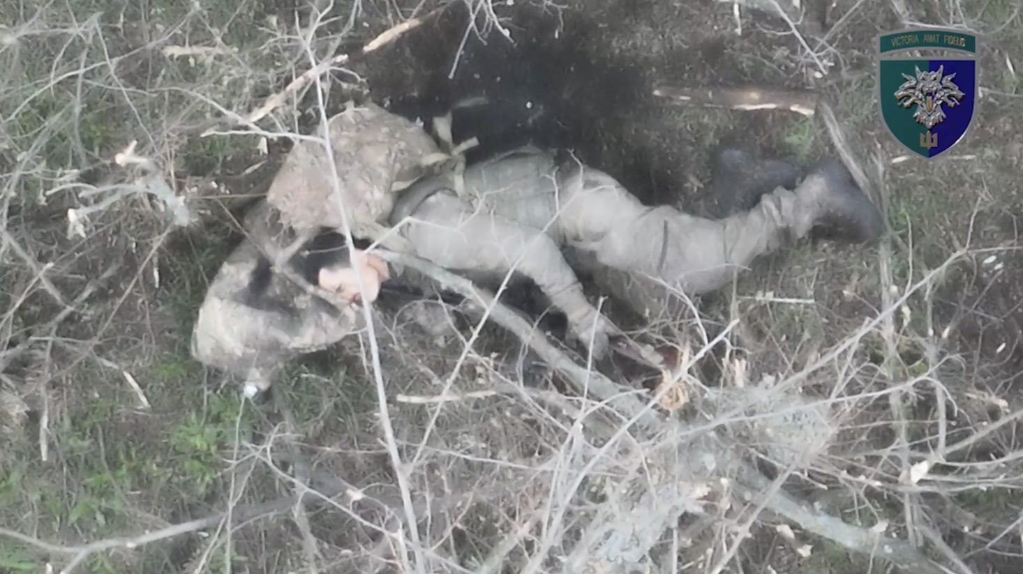 Russian is standing still among trees, receives close drone drop, falls down and receives another one. Camera zooms in, he looks fairly young, now without helmet, and doesn't seem to have visible injury, yet proceeds with aiming his AK under his chin and shooting himself