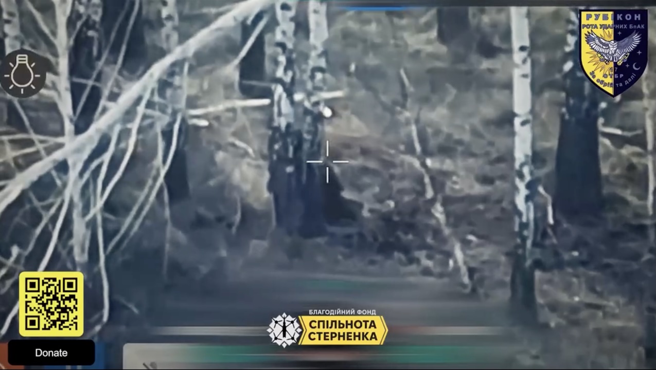 Russian soldier is seen from the back hiding behind birch tree in a treeline. He receives close FPV hit, then grabs his AK, makes test shot in the air, and shoots himself