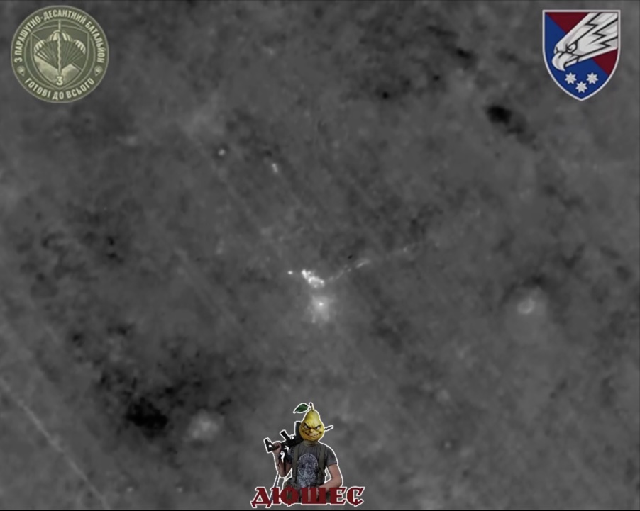 Thermal footage of Russian soldier under drone drop attack. After close hit he appears to roll over to his back and shoot himself, his helmet blown away