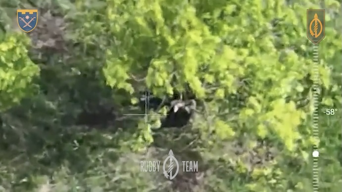 Russian soldier is seen lying under the tree, pulling the pin on his grenade and putting it to his neck until it detonates