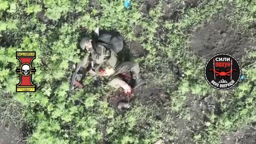 Russian is under drone drop attack in the open field, one of his legs is missing below knee, the other one barely attached. He pulls the pin on his grenade and leaves it besides him to detonate while he covers his face with hands