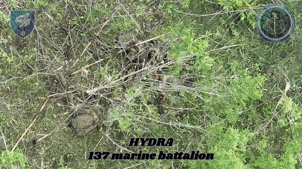 Russian soldier receives FPV hit while hiding under tree, camera zooms in on him sitting with no helmet and shooting himself in the head with his rifle on automatic