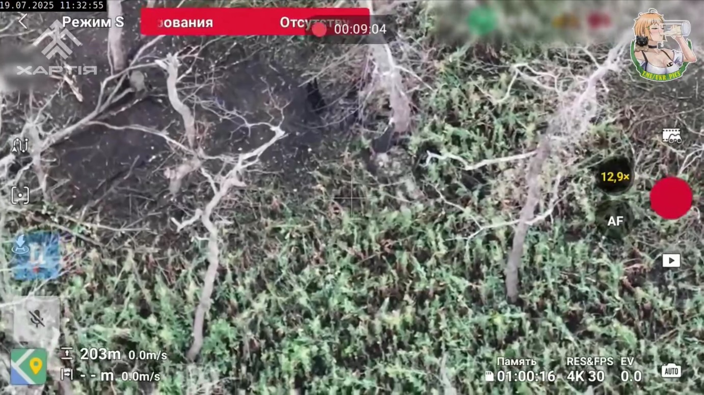 Fully equipped Russian is under FPV attack while sitting among pine trees, proceeds with grabbing his AK, and attempting to shoot himself. It looks like it didn't fire, he makes test shot and tries again, now to a visible success