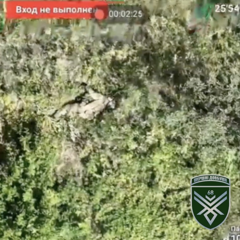 Drone drop hits several meters away from Russian while he's moving among trees, he falls on the ground, apparently injured. Later is seen pointing his AK under his chin and pulling the trigger, it fires several rounds