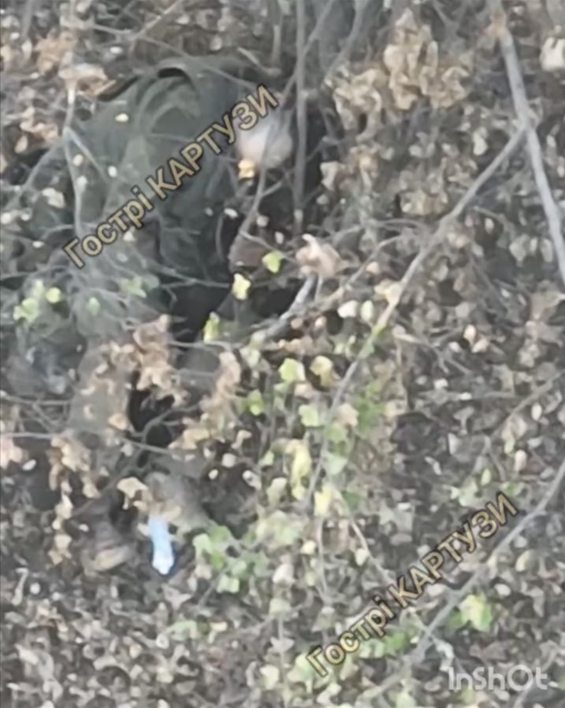 Russian is seen sitting under foliage, pointing his rifle under his chin and shooting himself, his helmet is blown away