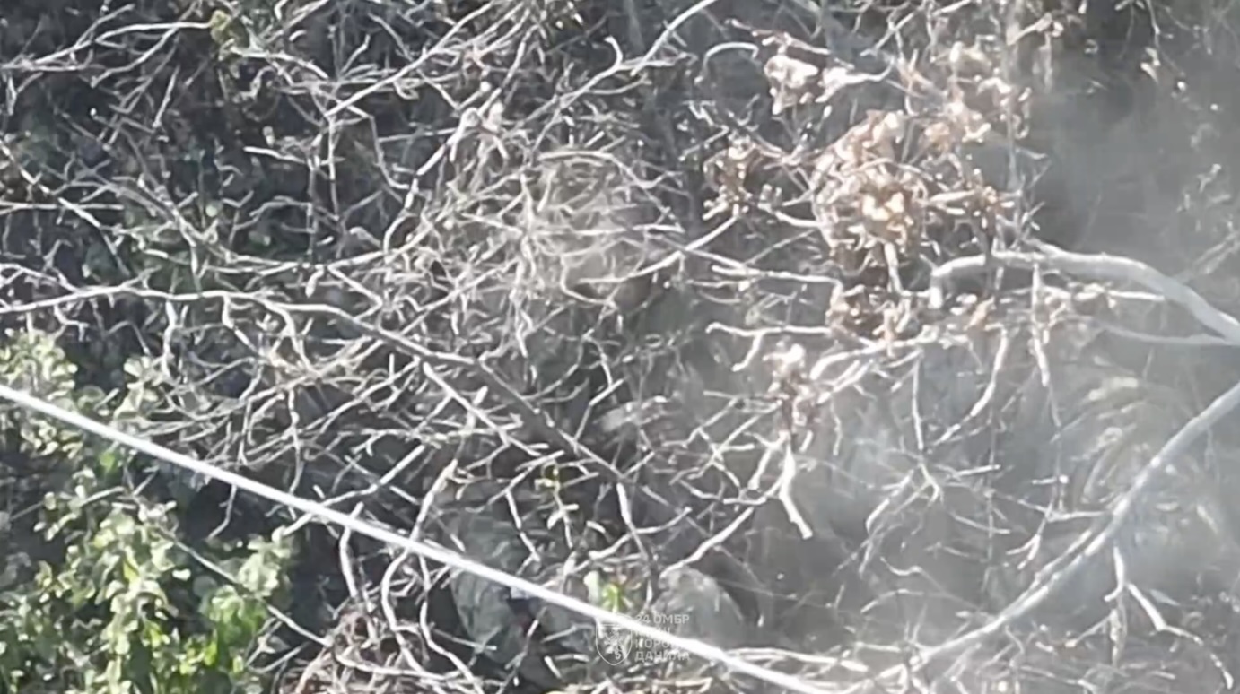Two Russians are taking shelter in the bushes under some kind of drone attack. Unclear movement is seen through the foliage, one of them appears to shoot himself with AK pointed under his chin. Camera reveals two dead bodies afterwards