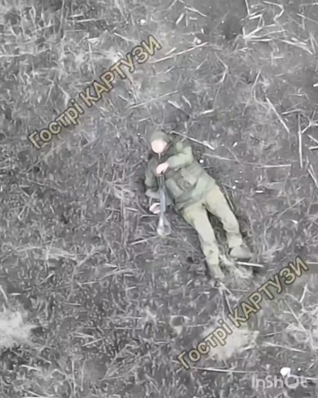 Russian receives close drone drop while walking in the open field. Apparently injured, he grabs his AK and shoots himself