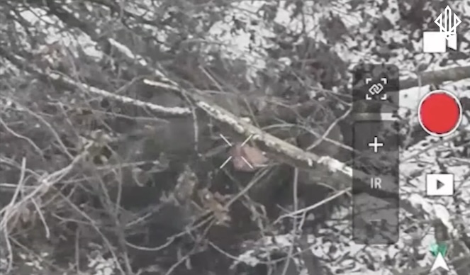 Obstructed view of Russian soldier with no helmet lying on snowy ground under tree branches and shooting himself