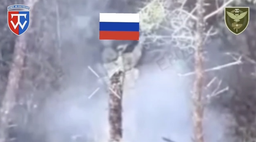 Russian infantry is being hunted by FPV in pine forest, one is seen from the back shooting himself with his AK in the temple