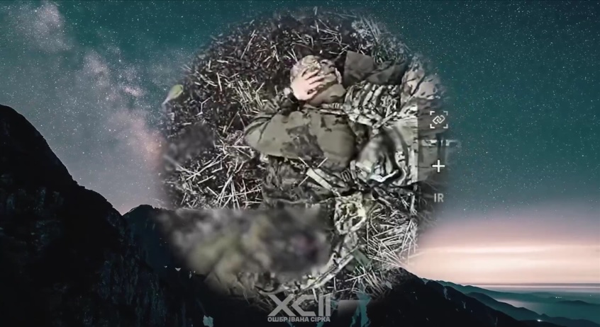 Russian soldier with huge backpack and no helmet is lying on the ground, takes grenade out of his vest, pulls the pin and leaves it detonate half a meter away from his face