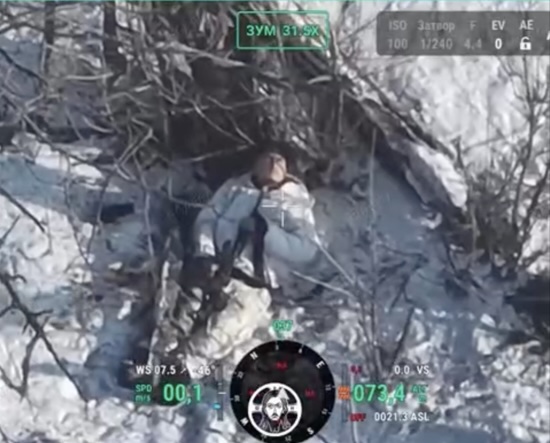 Russian shoots himself as Ukrainian FPV is approaching mere moments before it hits. Footage from both recon UAV and FPV is available