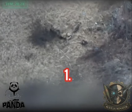 Something hits the ground in the open field behind ruined building. As camera zooms in, Russian soldier is seen where the explosion occurred. Lying on his belly, he pulls the pin on his grenade, puts it under his vest and detonates