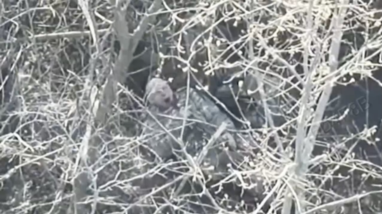 Russian with no helmet is seen through tree branches lying on his back and holding AK. He fires test shot, points it inside his mouth and shoots himself