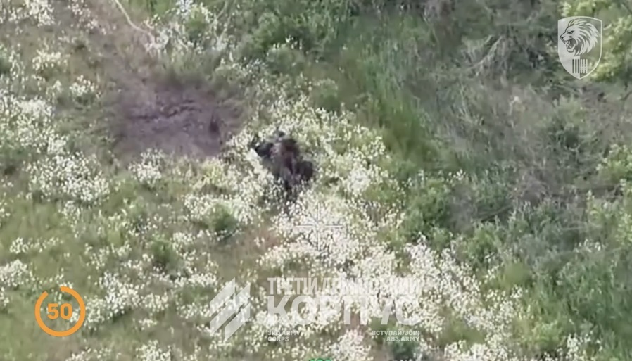 Fully equipped Russian with backpack is sitting in the grass full of white flowers. As he points AK under his chin and shoots himself, his hemet is blown off