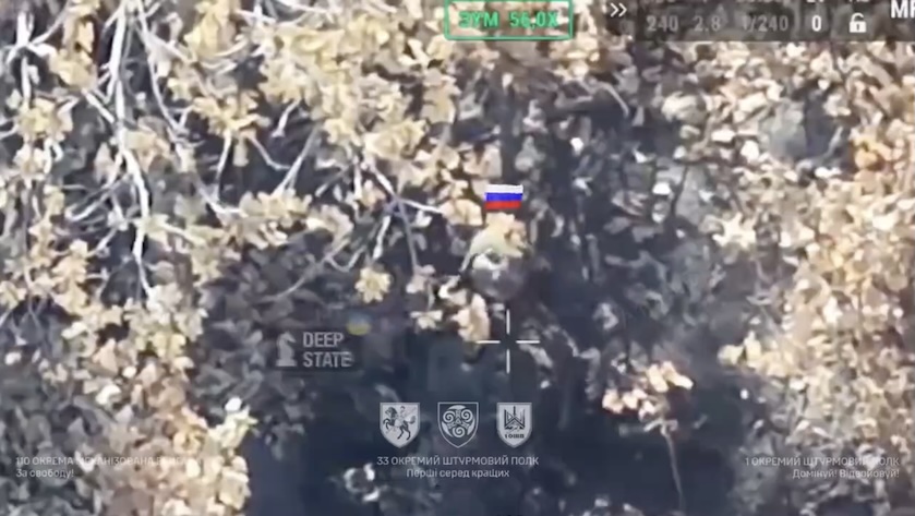 Russian soldier survives FPV attack, later is seen hiding under foliage. Apparently injured, he pulls out his knife and cuts his throat just a moment before another drone arrives