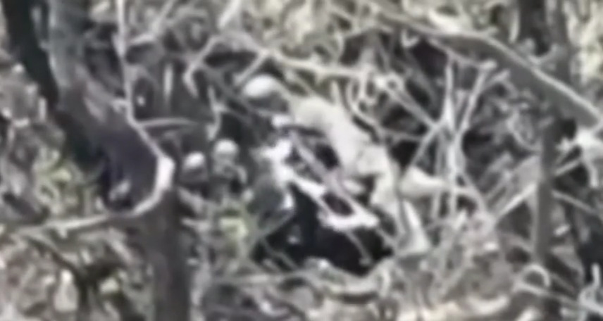 Russian soldier in shell hole receives help from comrade in shooting himself