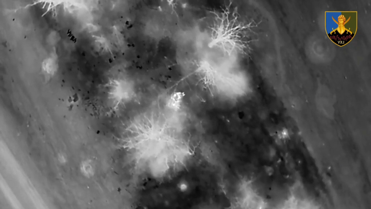 Russian is struck by a drone dropped grenade, shoots himself in head with rifle on automatic before second grenade lands. Thermal view