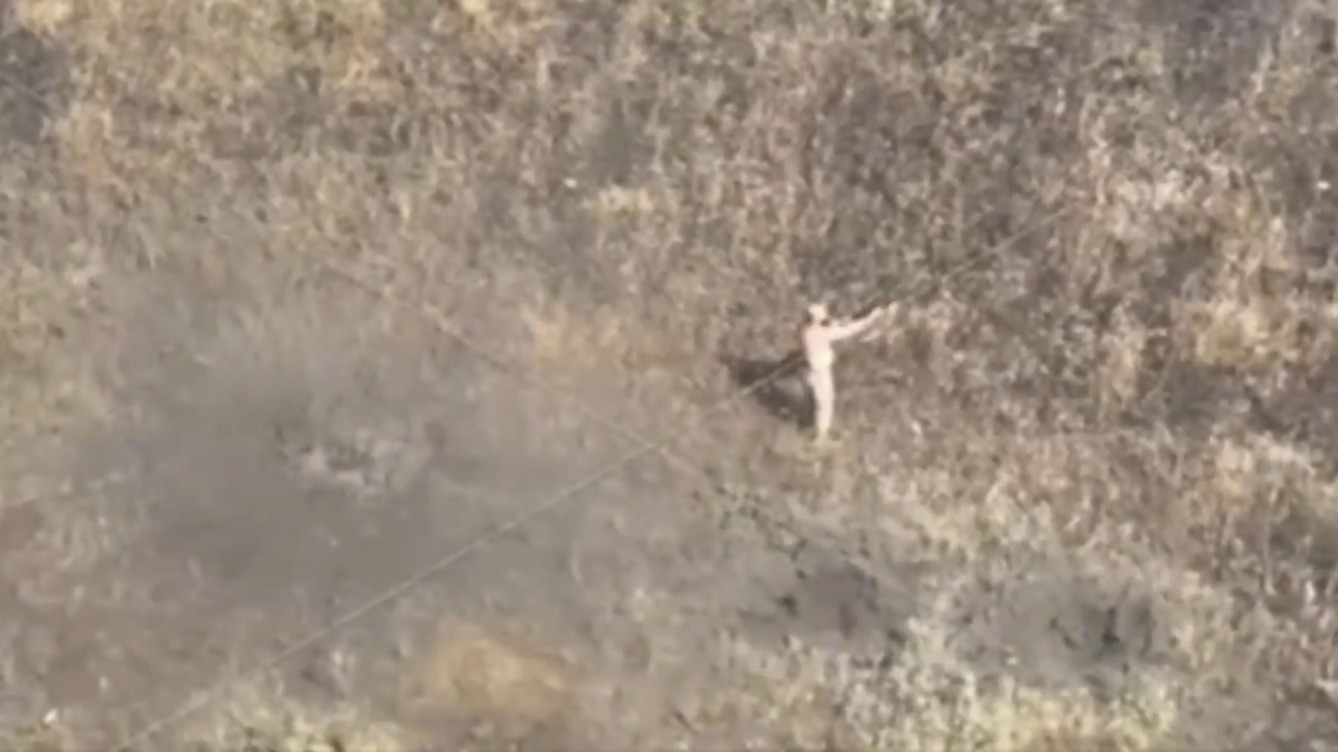 Shirtless Russian soldier wanders through field, shoots himself in the chest before FPV drone that flies overhead can strike him